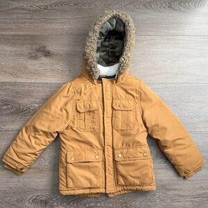 Kids Tan Hooded Parka Jacket with Faux Fur Trim Size 7